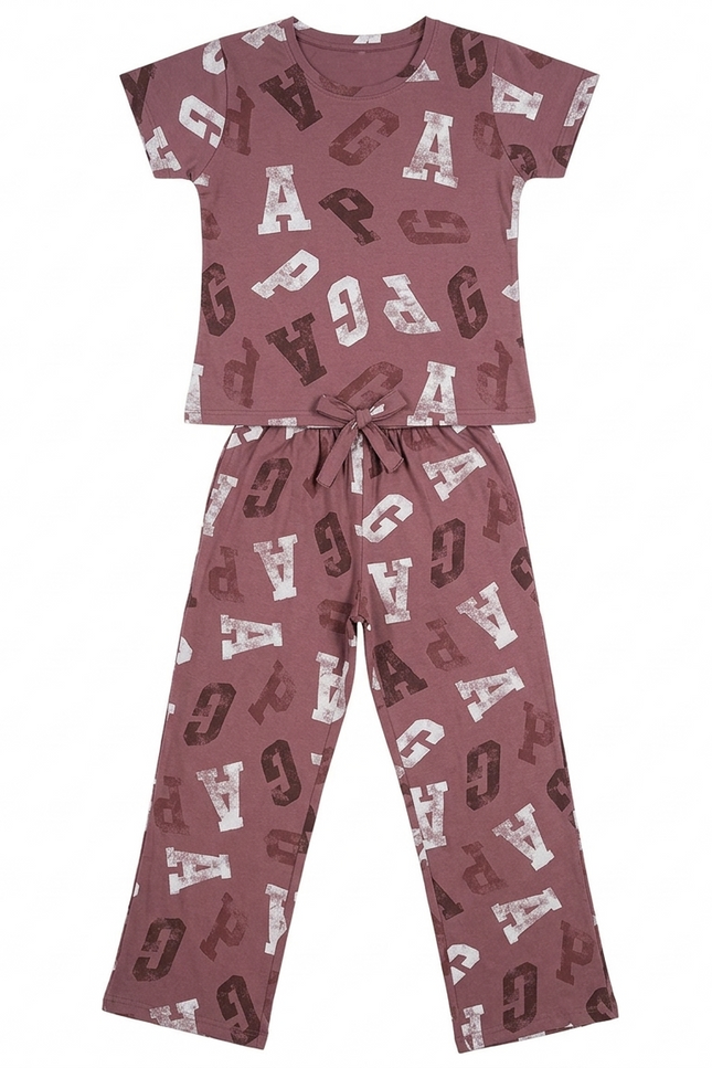 Girls' Alphabet Typography Pajama Set | Mauve & White Hosiery PJs