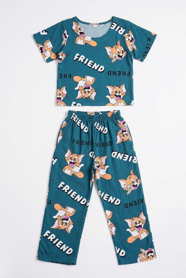 Girls' Teal Jerry Mouse Rayon Lounge Set | "Friend" Graphic Co-ord
