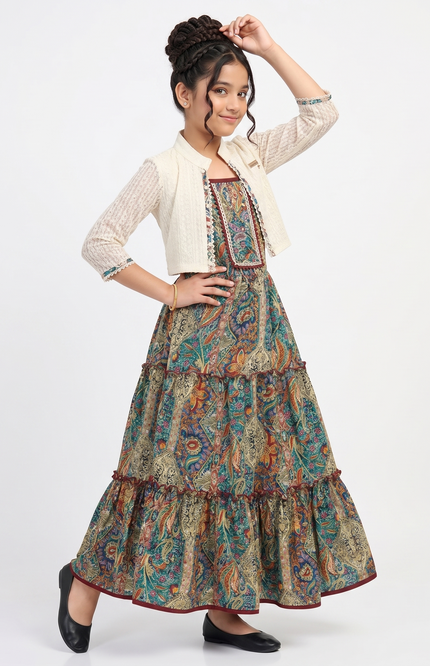 Girls' Paisley Print Tiered Middy Dress with Cream Knit Shrug