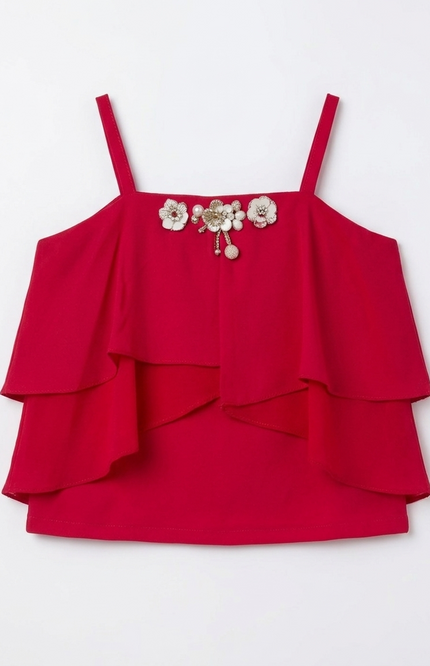 Red Floral Party Skirt with Layered Top