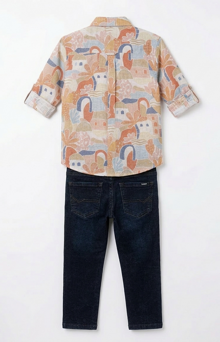 Boys' 3-Piece Abstract Landscape Print Button-Down Shirt and Slim-Fit Dark Denim Set