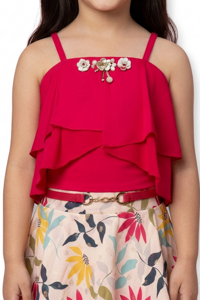 Red Floral Party Skirt with Layered Top