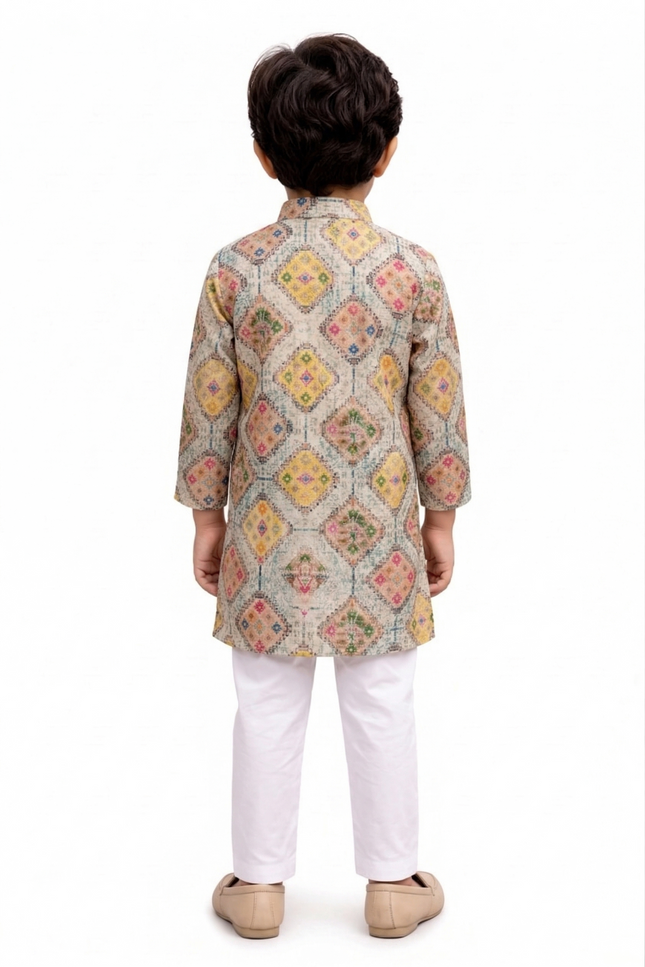 Boys' Multicolored Diamond Mosaic Kurta & White Pajama Set
