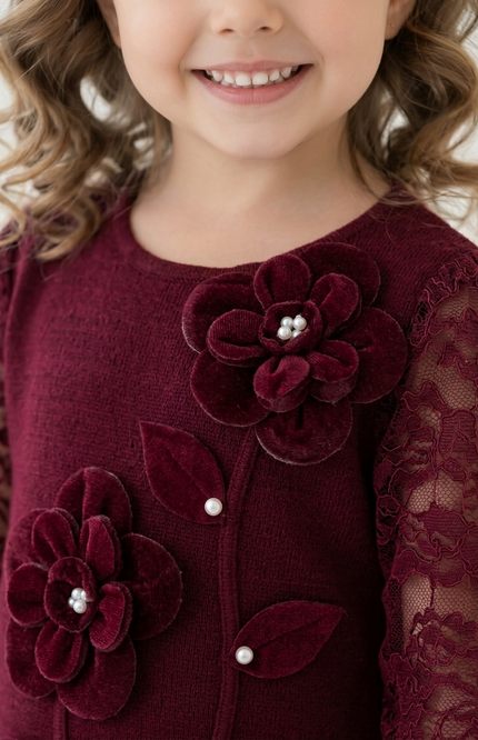 Kids' Deep Burgundy Festive Lace Dress – Elegant Floral Embellished Sheath Dress with Sheer Sleeves