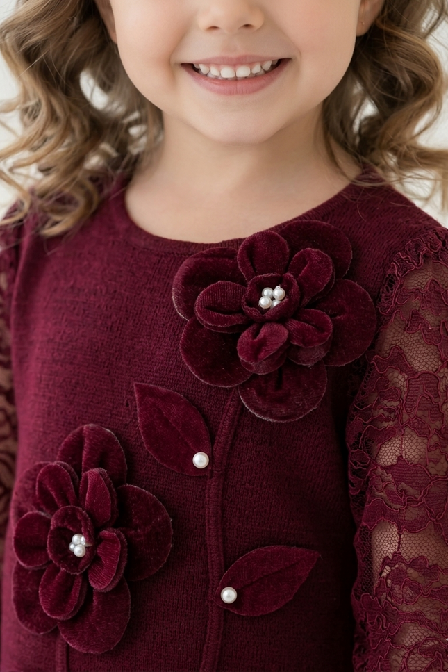 Kids' Deep Burgundy Festive Lace Dress – Elegant Floral Embellished Sheath Dress with Sheer Sleeves