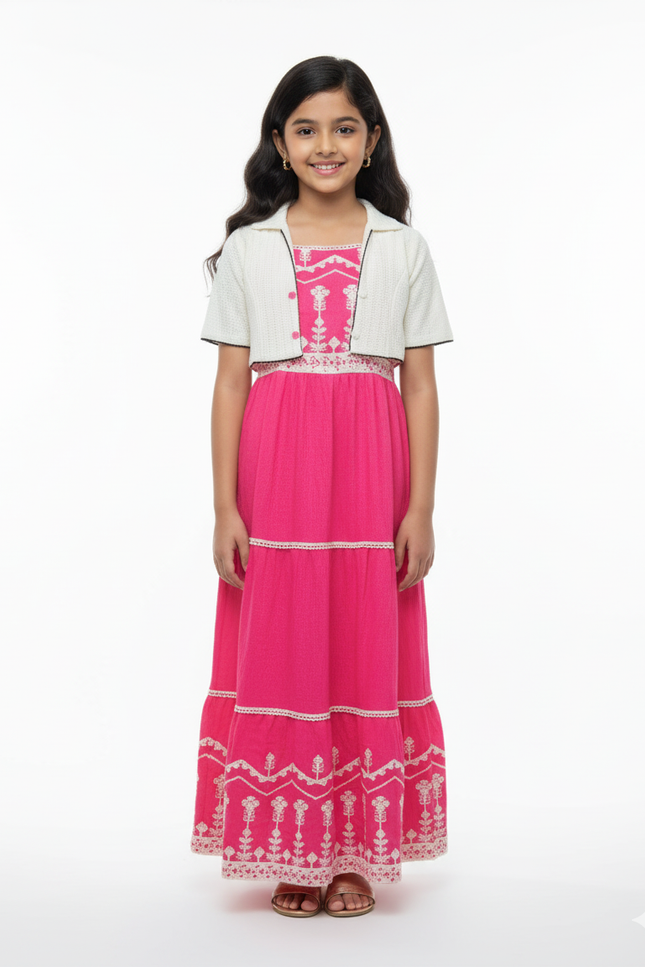 Girls' Tiered Cotton Dress and Cropped Jacket Set