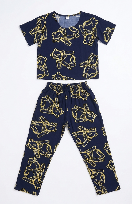 Girls' Navy Blue Winnie Bear Rayon Pajama Set | Sketch Print Lounge Set