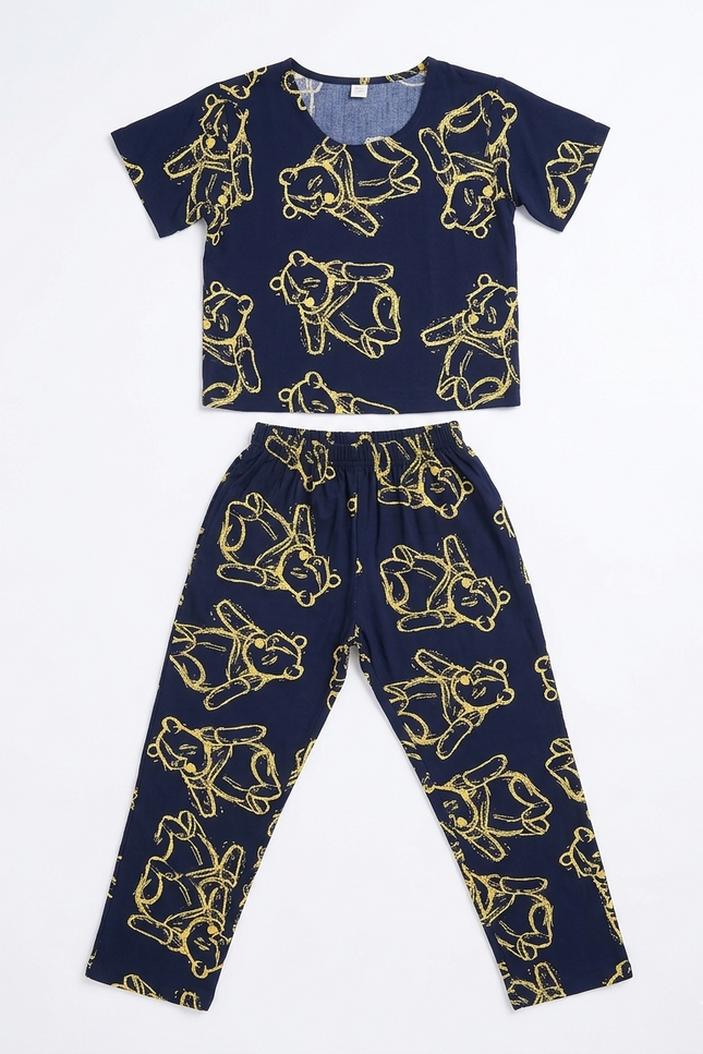 Girls' Navy Blue Winnie Bear Rayon Pajama Set | Sketch Print Lounge Set