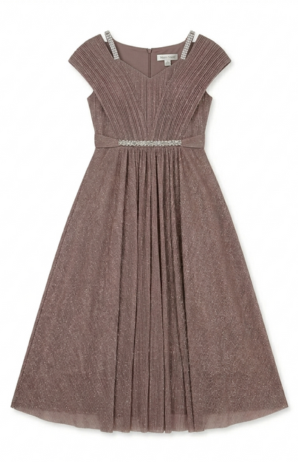 Girls' Mauve Shimmer Pleated Party Dress | Diamond Strap Evening Gown