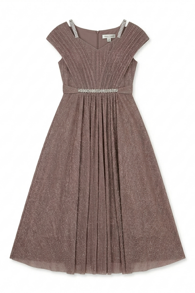 Girls' Mauve Shimmer Pleated Party Dress | Diamond Strap Evening Gown