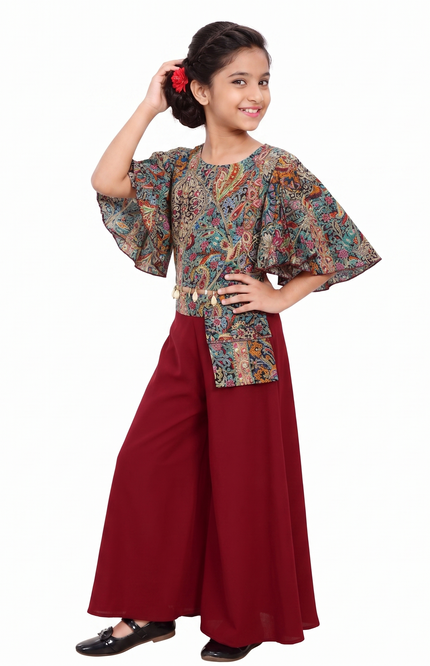 Girls' Bohemian Print Bell-Sleeve Top and Crimson Palazzo Set