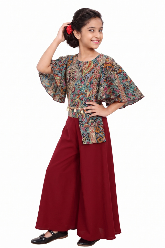 Girls' Bohemian Print Bell-Sleeve Top and Crimson Palazzo Set