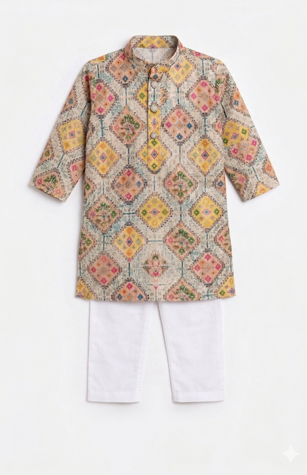 Boys' Multicolored Diamond Mosaic Kurta & White Pajama Set