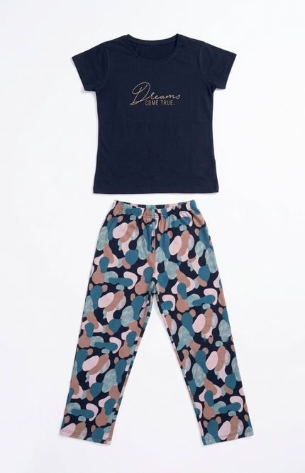 Girls' "Dreams Come True" Hosiery Pajama Set | Navy & Multi-Color Lounge Set