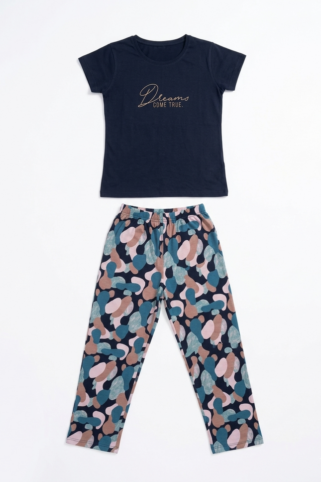 Girls' "Dreams Come True" Hosiery Pajama Set | Navy & Multi-Color Lounge Set