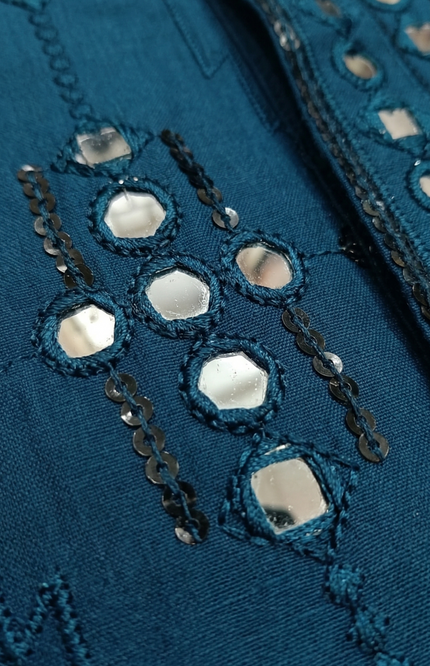 Boys' Royal Teal Kurta Set with Intricate Mirror & Sequin Work
