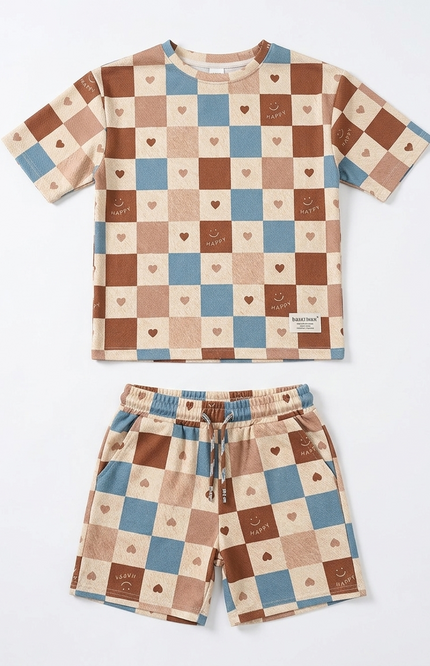 Kids Checkerboard Short Set | Blue & Brown Summer Co-ord