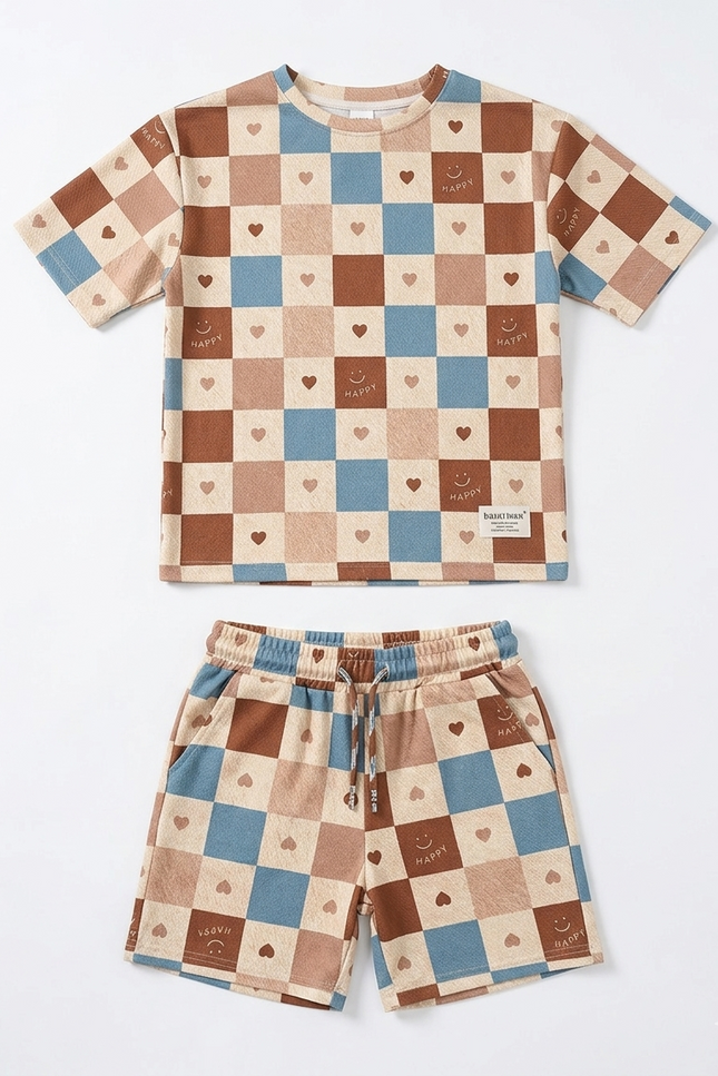 Kids Checkerboard Short Set | Blue & Brown Summer Co-ord