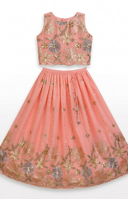 Girls' Peach Sequin Lehenga Choli | Embroidered Floral Ethnic Set