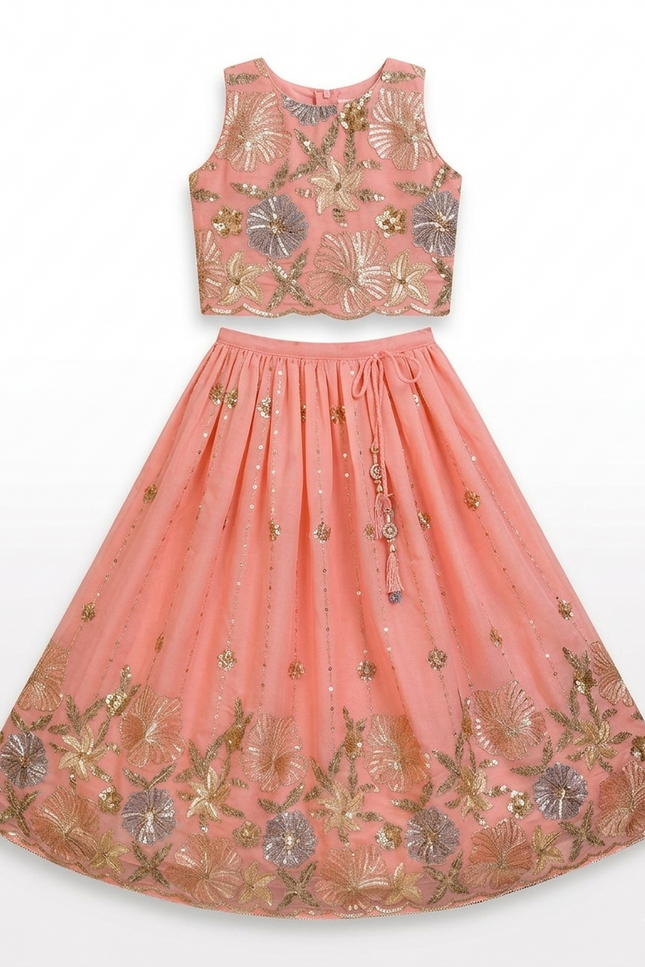 Girls' Peach Sequin Lehenga Choli | Embroidered Floral Ethnic Set