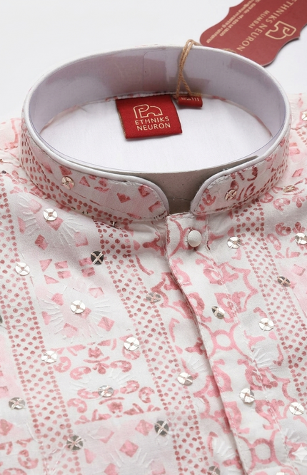 Boys' Blush Pink Geometric Print Kurta Set with Mirror Work
