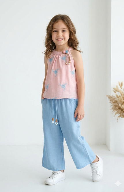 Girls' 2-Piece Summer Set - Pink Embroidered Halter Top & Blue Wide-Leg Culottes