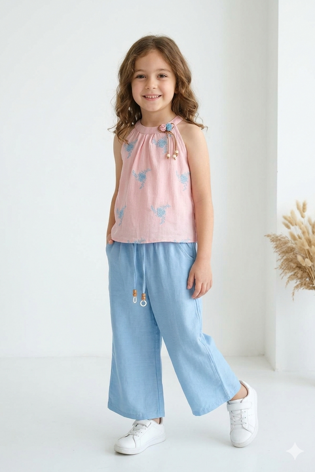 Girls' 2-Piece Summer Set - Pink Embroidered Halter Top & Blue Wide-Leg Culottes