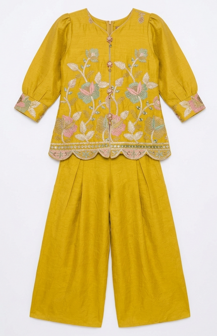 Girls' Mustard Yellow Floral Palazzo Set | Embroidered Ethnic Party Wear