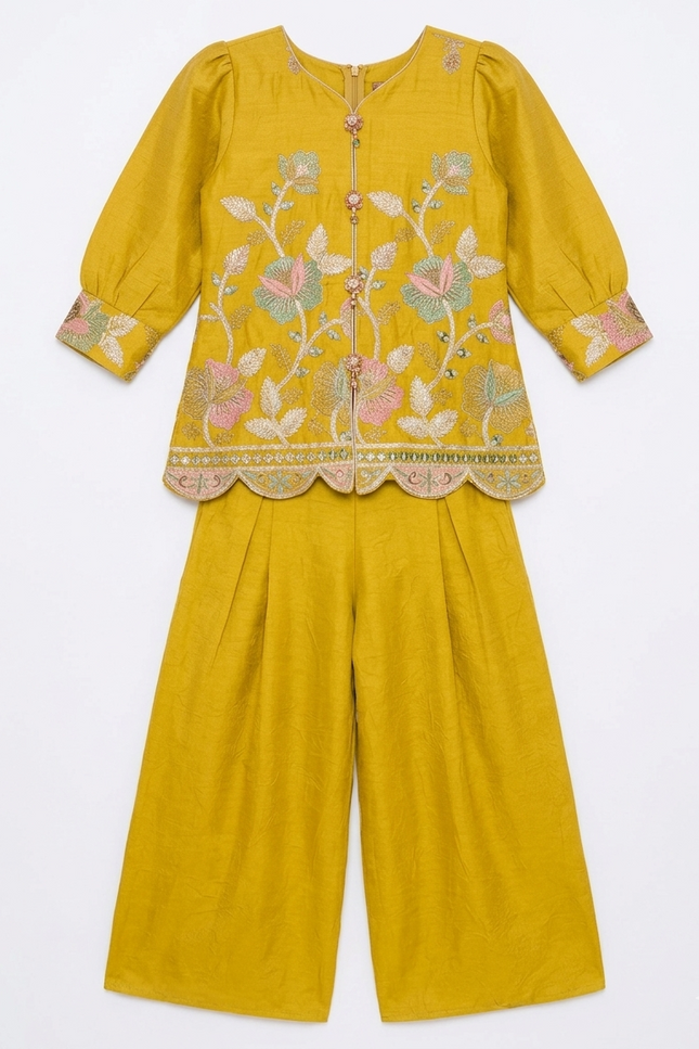 Girls' Mustard Yellow Floral Palazzo Set | Embroidered Ethnic Party Wear