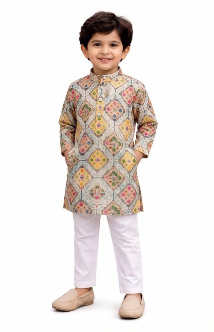 Boys' Multicolored Diamond Mosaic Kurta & White Pajama Set