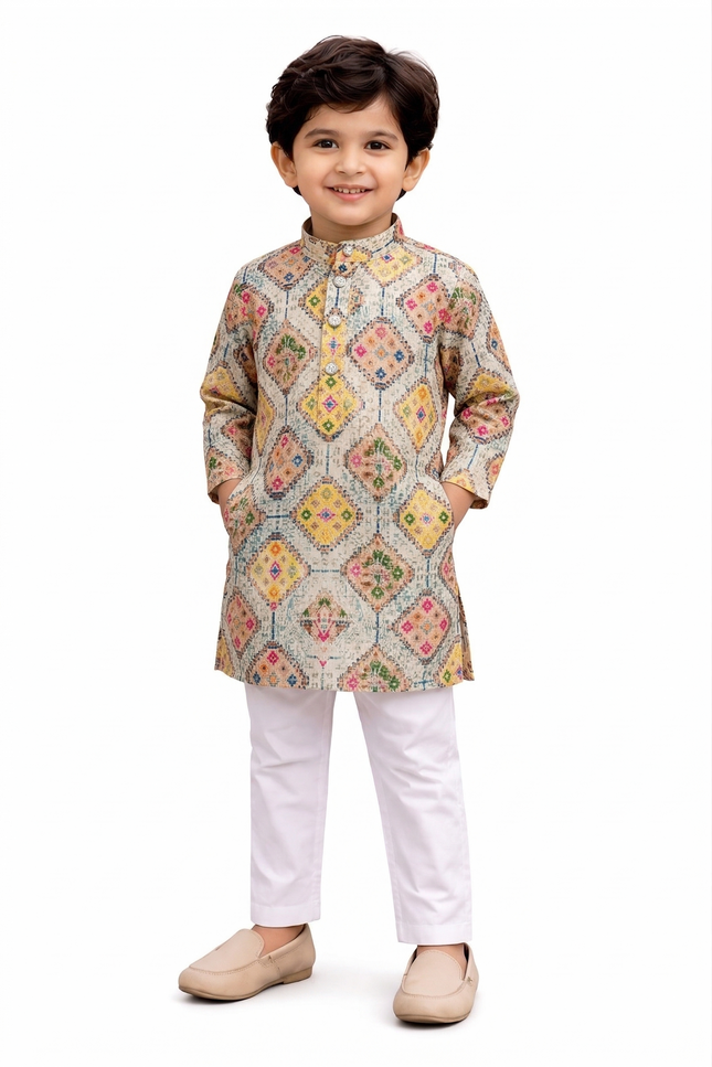 Boys' Multicolored Diamond Mosaic Kurta & White Pajama Set