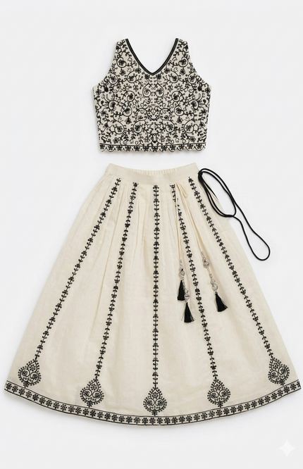 Girls' Black & Cream Crepe Ghagra Choli