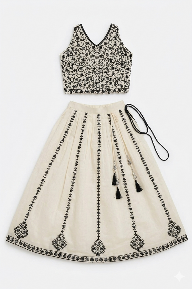 Girls' Black & Cream Crepe Ghagra Choli
