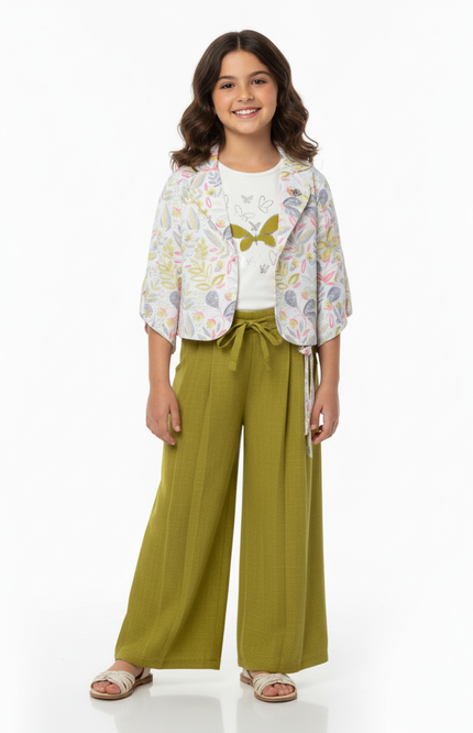 Chic Three-Piece Olive Green Palazzo Outfit with Printed Summer Jacket