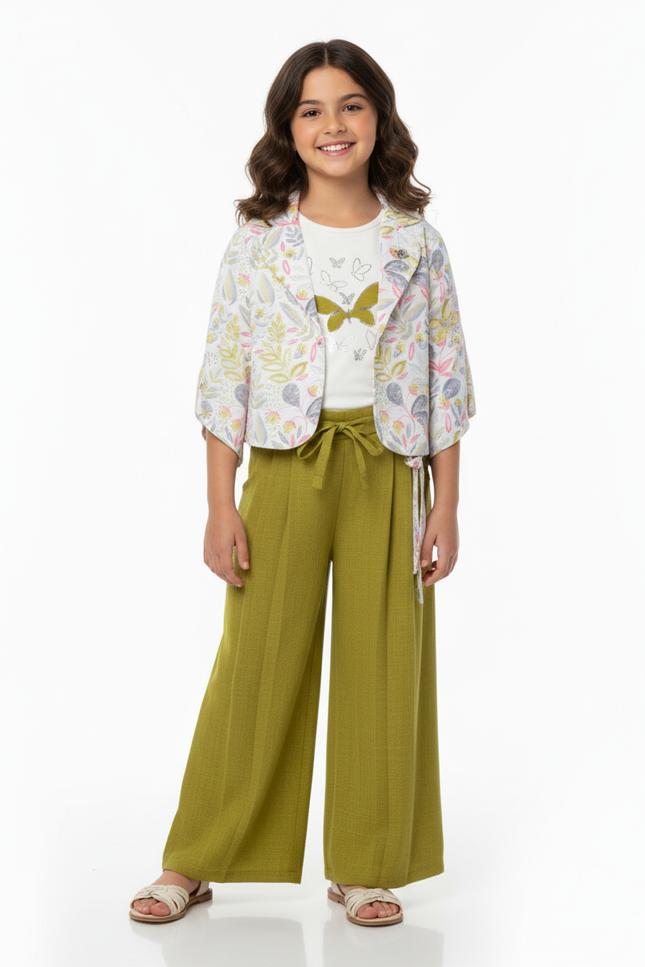 Chic Three-Piece Olive Green Palazzo Outfit with Printed Summer Jacket