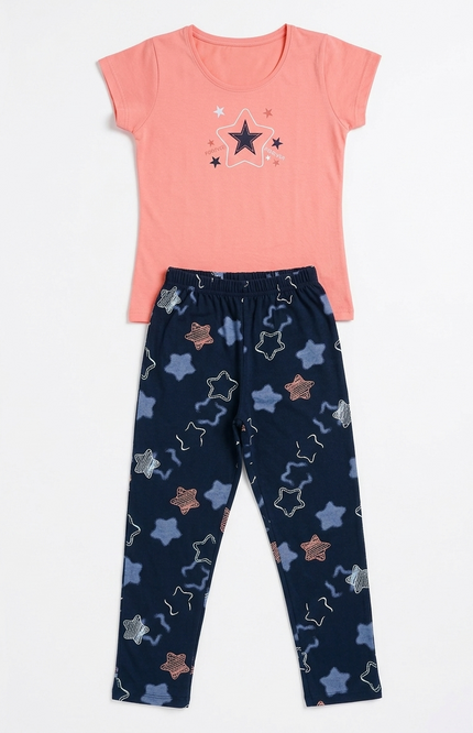 Girls' "Forever Star" Hosiery Pajama Set | Peach & Navy Star Lounge Set
