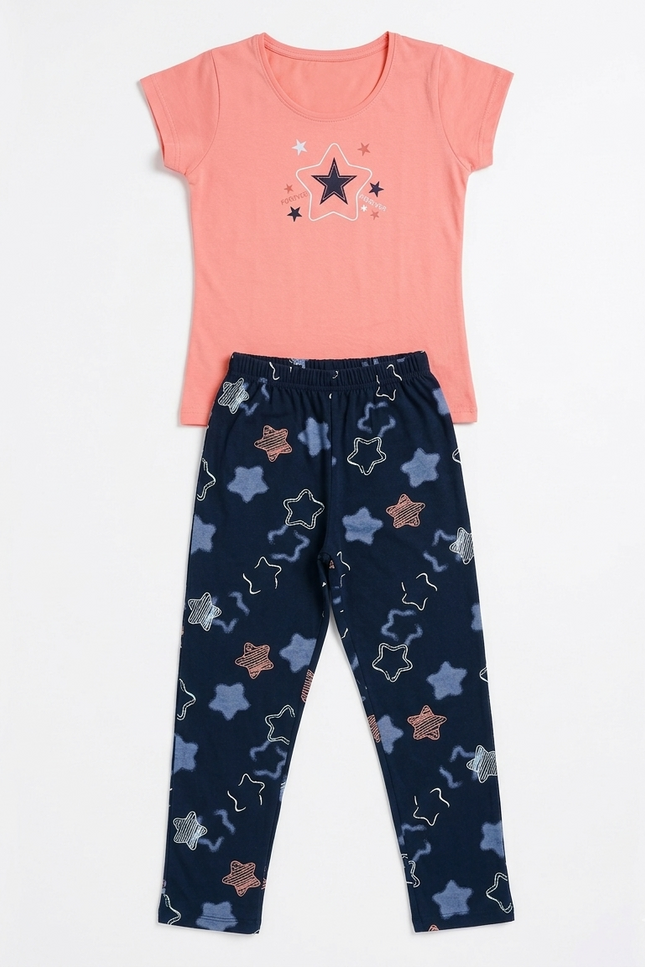Girls' "Forever Star" Hosiery Pajama Set | Peach & Navy Star Lounge Set