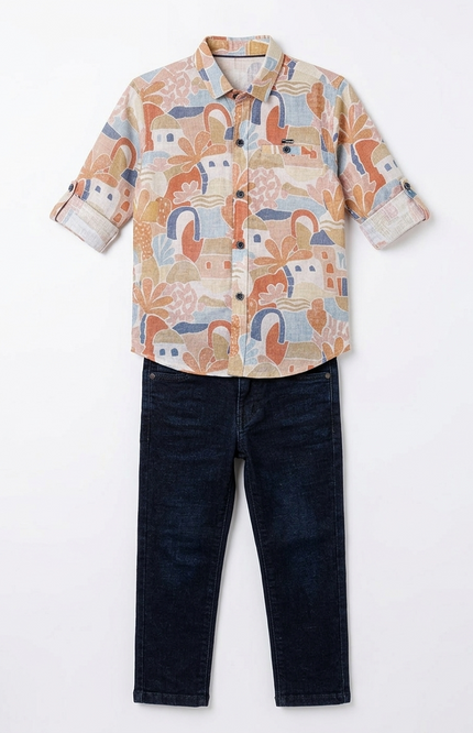 Boys' 3-Piece Abstract Landscape Print Button-Down Shirt and Slim-Fit Dark Denim Set