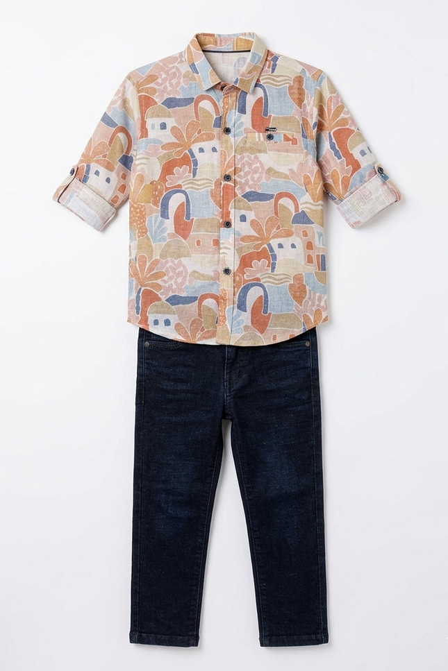 Boys' 3-Piece Abstract Landscape Print Button-Down Shirt and Slim-Fit Dark Denim Set