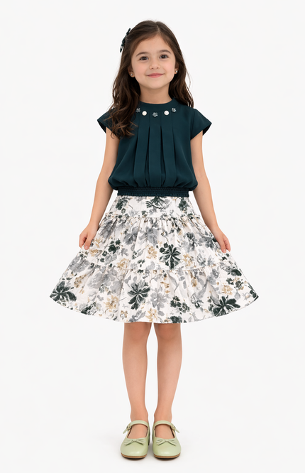 Girls' Emerald Green Pleated Top and Floral Tiered Skirt 2-Piece Set