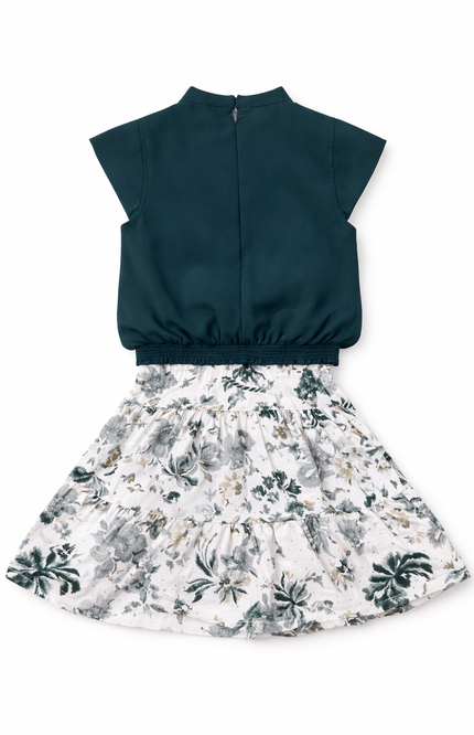 Girls' Emerald Green Pleated Top and Floral Tiered Skirt 2-Piece Set