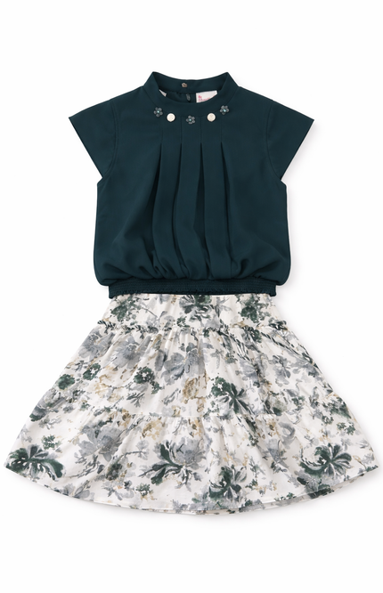 Girls' Emerald Green Pleated Top and Floral Tiered Skirt 2-Piece Set