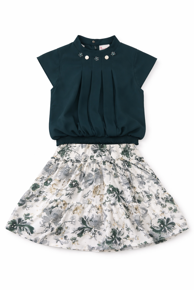 Girls' Emerald Green Pleated Top and Floral Tiered Skirt 2-Piece Set
