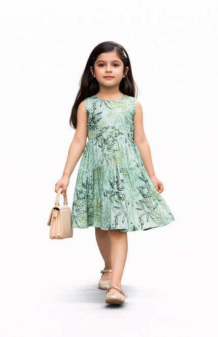 Girls' Sage Green Botanical Sketch Print Tiered Sleeveless Dress