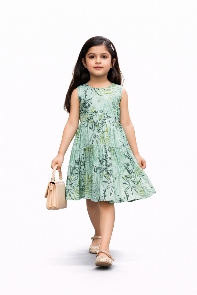 Girls' Sage Green Botanical Sketch Print Tiered Sleeveless Dress