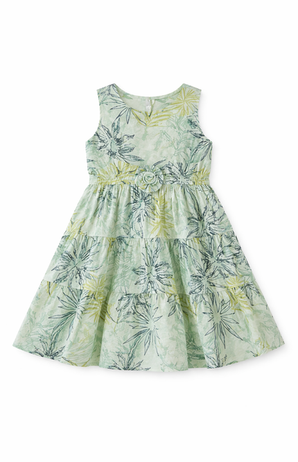 Girls' Sage Green Botanical Sketch Print Tiered Sleeveless Dress