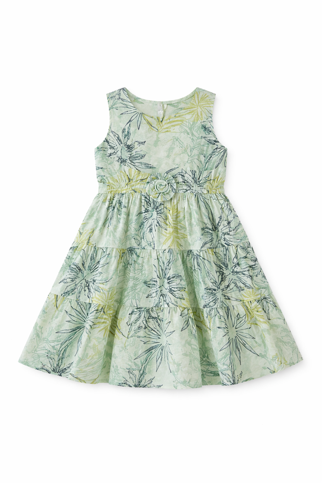 Girls' Sage Green Botanical Sketch Print Tiered Sleeveless Dress