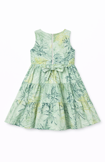 Girls' Sage Green Botanical Sketch Print Tiered Sleeveless Dress