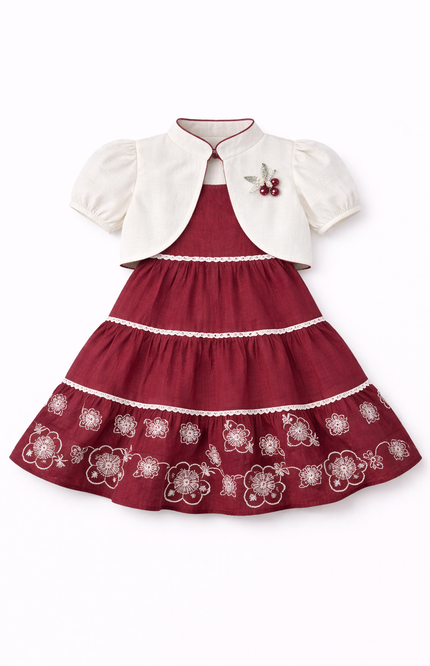 Girls’ Burgundy Tiered Maxi Dress with Cream Bolero Jacket