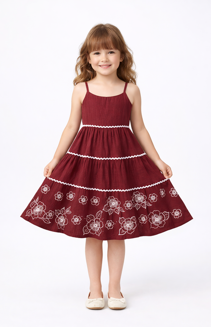 Girls’ Burgundy Tiered Maxi Dress with Cream Bolero Jacket